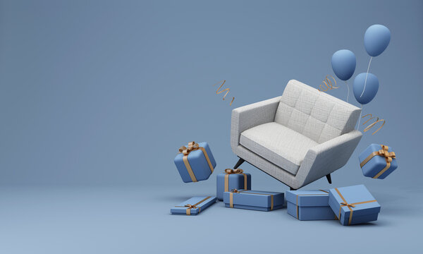 Flash sale banner template Special offer discount concept Sale of home decorations and furniture During promotions. surrounded by sofas chairs and advertising spaces. pastel background. 3d render - Powered by Adobe