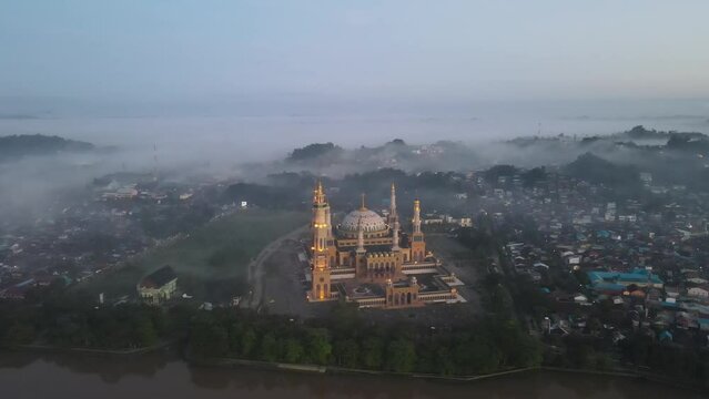 Drone view, Islamic Center mosque, Samarinda, East Kalimantan, is the third largest mosque in Indonesia