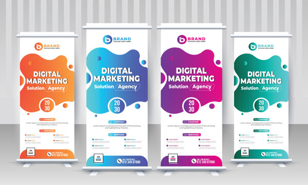 Latest Modern creative corporate business standee x rollup pullup signage retractable banner with multiple trendy gradient colors design vector template
