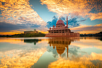 Putra mosque during sunset sky, the most famous tourist attraction in Malaysia. - Powered by Adobe