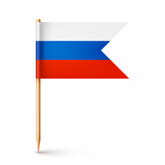 Fototapeta premium Realistic Russian toothpick flag. Souvenir from Russia. Wooden toothpick with paper flag. Location mark, map pointer. Blank mockup for advertising and promotions. Vector illustration