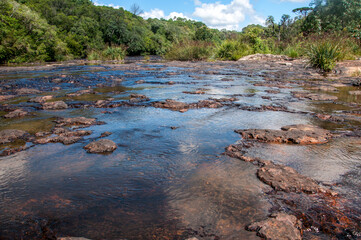 View of a beautiful river with a forest next to it and blue sky with clouds in the background