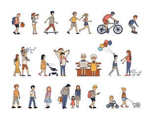 Fototapeta premium People group activities life style with happy family have fun flat cartoon characters ideas concept design set