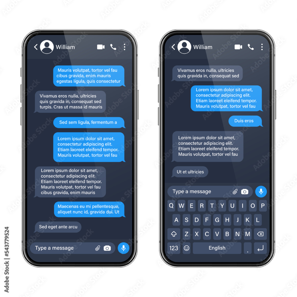 Wall mural realistic smartphone with messaging app. sms text frame. conversation chat screen with blue message 