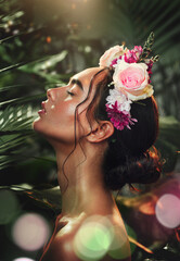 Rainforest, skincare and beauty girl with flower accessory crown for tropical cosmetic with bokeh...