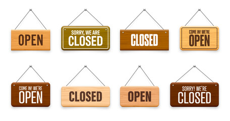 Wooden open or closed hanging signboards. Made of wood door sign for cafe, restaurant, bar or retail store. Announcement banner, information signage for business or service. Vector illustration