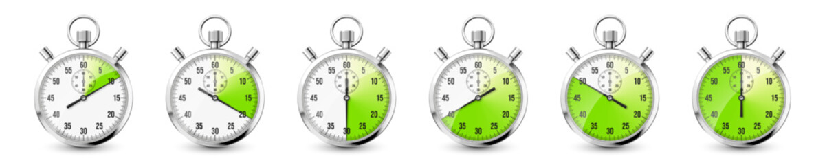 Realistic classic stopwatch icons. Shiny metal chronometer time counter with dial. Green countdown timer showing minutes and seconds. Time measurement for sport, start and finish. Vector illustration