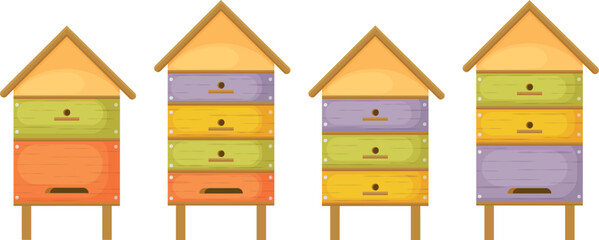 Hive. Beehives. Four wooden beehives in the form of houses. Colorful beehives in cartoon style. Houses for honey bees. Vector illustration isolated on a white background