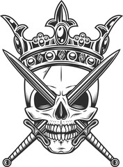 Skull in crown king with crossed swords isolated illustration on white background. Vintage crowning, elegant queen or king crowns, royal imperial coronation symbols.