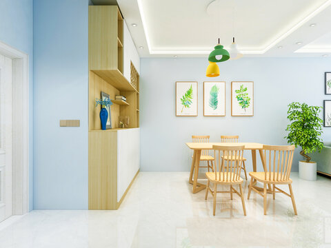 Interior design of dining room in modern living room, 3D rendering