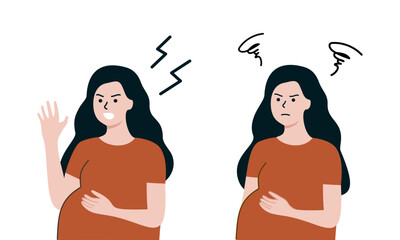 Angry pregnant woman in bad mood Set. Emotional mother Arguing. Hormone change, motherhood, pregnancy, lifestyle, Mental Health concepts. Flat people vector design illustration.