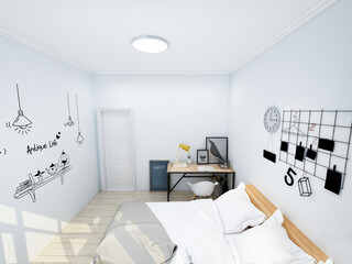 Interior design of bedroom with study room, 3D rendering