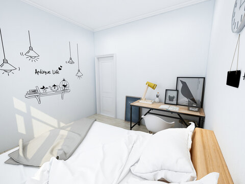 Interior design of bedroom with study room, 3D rendering