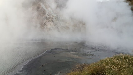 Noboribetsu Onsen Picnic Site, Japan. Hot spring with steam.