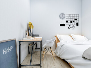 Interior design of bedroom with study room, 3D rendering