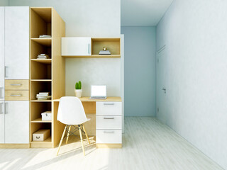 Study room design at home, 3D rendering