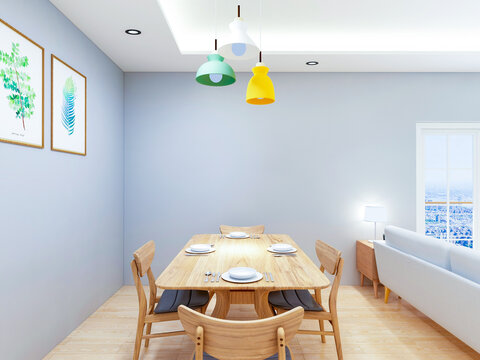Interior design of dining room in modern living room, 3D rendering