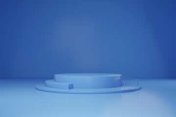 3D rendering podium scene blue background with geometric shapes