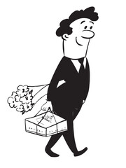 Black and white illustration of man  with presents