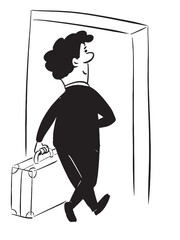 Black and white illustration of man entering the door