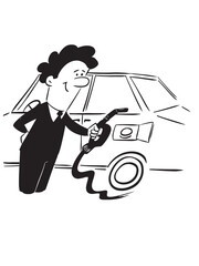 Black and white illustration of man . Fuel the car