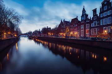 Fototapeta na wymiar AI generated image of vintage Dutch houses with a canal inbetween at twilight, illuminated houses in Amsterdam 