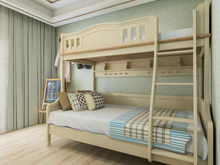 Upper and lower bunk bed bedroom interior design, 3D rendering