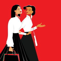 Two women going for shopping. Vector eps illustration