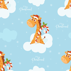 Merry Christmas seamless pattern. Cute giraffe with caramel candy to cloud on blue background. Vector illustration. New Years ornament with cute animal for design, print, wallpaper, kids collection.