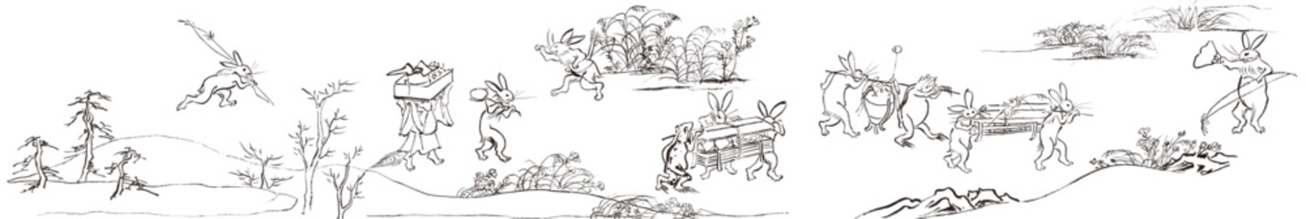 鳥獣戯画　鳥獣人物戯画　兎　蛙　鹿　猪　猿　狐　鳥　猫　相撲　祭司　弓矢