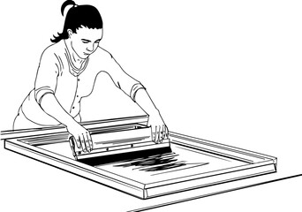 screen printing service vector and illustration, woman doing screen printing silk with hand holding squeegee, Ink printing clip art and symbol