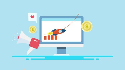 Digital marketing increases online business revenue, social media advertising escalates sales growth concept.