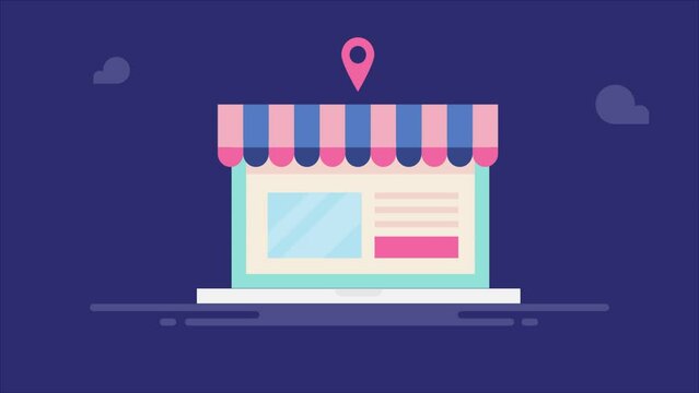 Offline retail shop changes to online ecommerce web store, digital transformation conceptual animation.