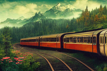 AI generated image of a train passing through hills with the Himalayas in the background. Himanchal Pradesh in India 