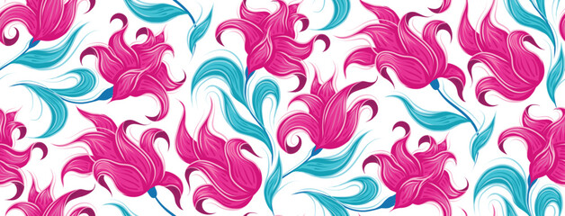 Fototapeta na wymiar Vector neon pattern with fabulous curled pink flowers. Fairy tale blossom background. Fantastic floral texture