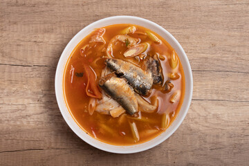 Tom Yum canned fish in a cup. Spicy soup.