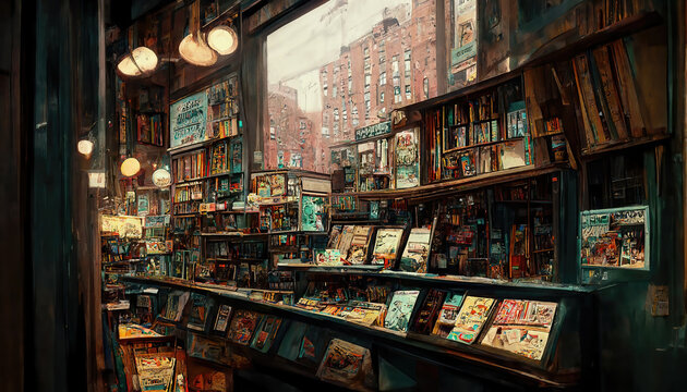 AI generated image of the inside of a vintage comic book store in New York 