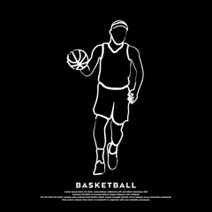 Vector white line art of professional basketball player isolated on black background
