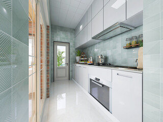 Interior design of modern kitchen, 3D rendering