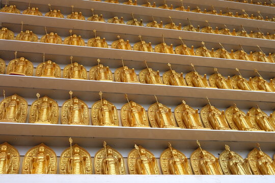 Bottom View of Golden Buddha Images Wall.