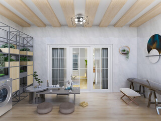 Spacious, bright and clean open balcony design of modern residence with leisure function and 3D rendering