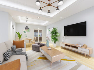 Interior design of modern residential living room, 3d rendering