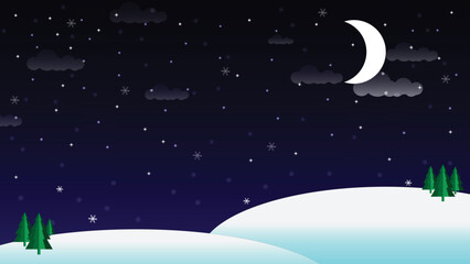 winter snowfall at midnight with the moon and stars on sky vector background