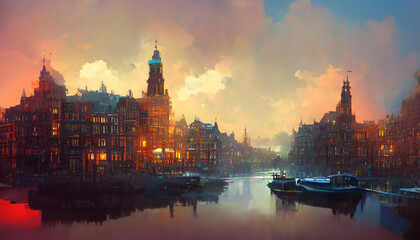 Fototapeta na wymiar Amsterdam cityscape lake buildings with evening sky