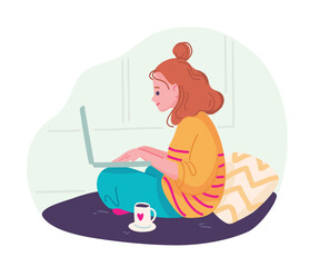 Young woman girl sitting in lotus position with laptop at home, looking social networks surfing internet, studying online. Social networking concept. Stay at home during Covid-19 pandemic.