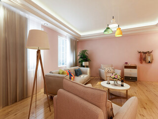 Interior design of modern residential living room, 3d rendering