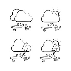 weather, snowing with wind, sunny with snow and wind,  snowing accompanied by lightning and wind, sunny with snowfall, thunder and wind, icons, flat suitable for web and apps