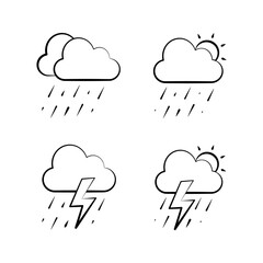 weather, torrential rain, torrential rain with heat, heavy rain with lightning, torrential rain with heat and lightning, icons, flat suitable for web and apps