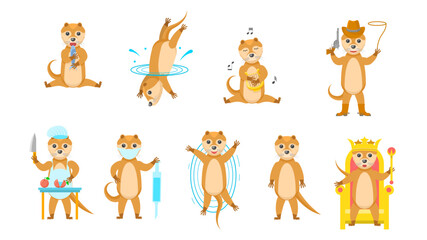 Set Abstract Collection Flat Cartoon Different Animal Otters Vector Design Style Elements Fauna Wildlife