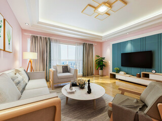 Interior design of modern residential living room, 3d rendering